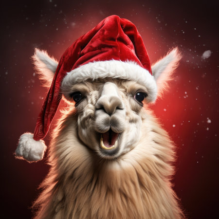 Cute llama wearing Christmas hat Posing red background funny looking santa new year clipart camel photo happyの素材