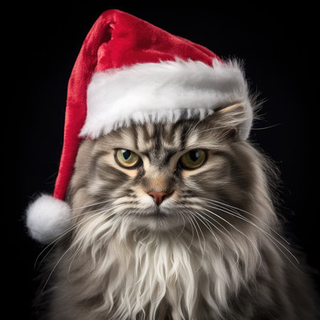 Adorable fluffy cat Santa hat sitting Christmas present box lights background new year poster santa hat photographyの素材