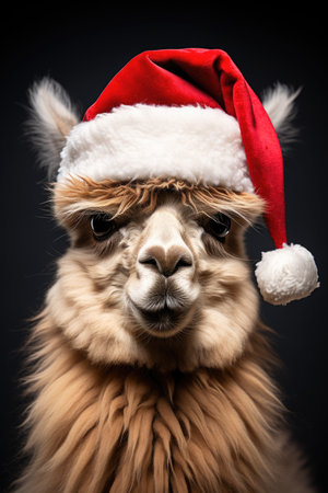 Cute llama wearing Christmas hat Posing red background funny looking santa new year clipart camel photo happyの素材
