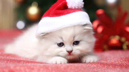 Adorable fluffy kitty Santa hat sitting Christmas present box lights background new year poster santa hat photographyの素材