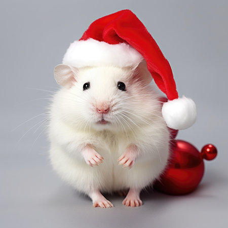 Adorable fluffy hamster Santa hat sitting Christmas present box lights background new year poster santa hat photographyの素材