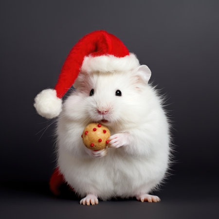 Adorable fluffy hamster Santa hat sitting Christmas present box lights background new year poster santa hat photographyの素材