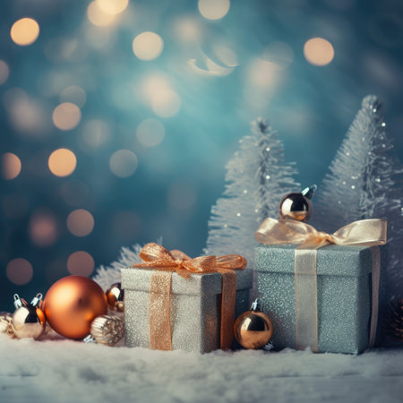 Christmas decorative items gift box star bow bell Christmas tree ornaments Holiday Decorations space text Happy New Yearの素材