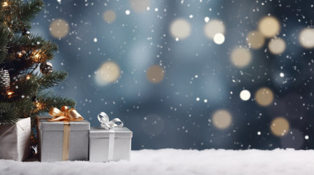 Christmas decorative items gift box star bow bell Christmas tree ornaments Holiday Decorations space text Happy New Yearの素材