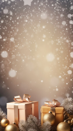 Christmas decorative items gift box star bow bell Christmas tree ornaments Holiday Decorations space text Happy New Yearの素材