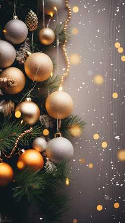 Christmas decorative items gift box star bow bell Christmas tree ornaments Holiday Decorations space text Happy New Yearの素材