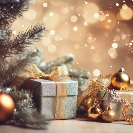Christmas decorative items gift box star bow bell Christmas tree ornaments Holiday Decorations space text Happy New Yearの素材
