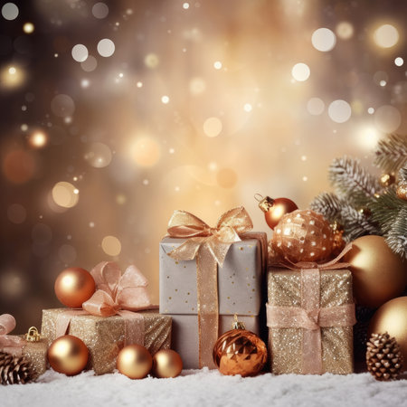 Christmas decorative items gift box star bow bell Christmas tree ornaments Holiday Decorations space text Happy New Yearの素材