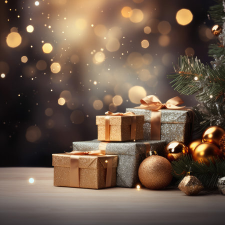 Christmas decorative items gift box star bow bell Christmas tree ornaments Holiday Decorations space text Happy New Yearの素材