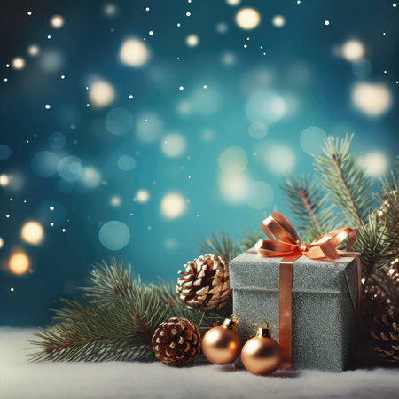 Christmas decorative items gift box star bow bell Christmas tree ornaments Holiday Decorations space text Happy New Yearの素材