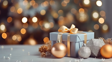 Christmas decorative items gift box star bow bell Christmas tree ornaments Holiday Decorations space text Happy New Yearの素材