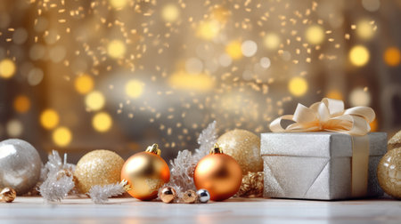 Christmas decorative items gift box star bow bell Christmas tree ornaments Holiday Decorations space text Happy New Yearの素材