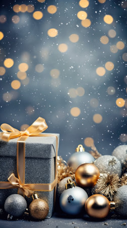 Christmas decorative items gift box star bow bell Christmas tree ornaments Holiday Decorations space text Happy New Yearの素材