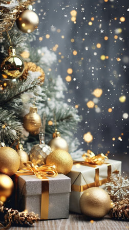 Christmas decorative items gift box star bow bell Christmas tree ornaments Holiday Decorations space text Happy New Yearの素材