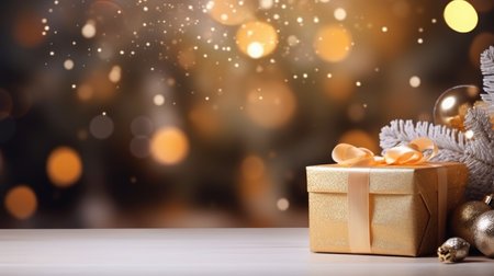 Christmas decorative items gift box star bow bell Christmas tree ornaments Holiday Decorations space text Happy New Yearの素材