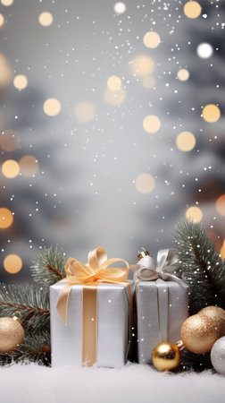 Christmas decorative items gift box star bow bell Christmas tree ornaments Holiday Decorations space text Happy New Yearの素材