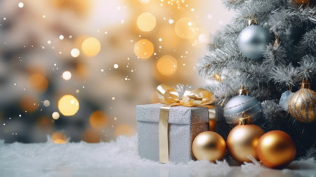 Christmas decorative items gift box star bow bell Christmas tree ornaments Holiday Decorations space text Happy New Yearの素材