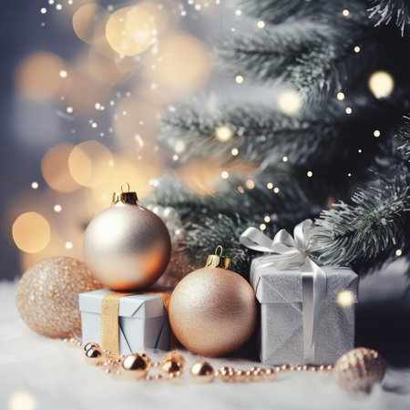 Christmas decorative items gift box star bow bell Christmas tree ornaments Holiday Decorations space text Happy New Yearの素材
