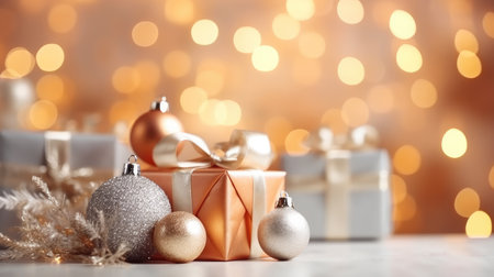 Christmas decorative items gift box star bow bell Christmas tree ornaments Holiday Decorations space text Happy New Yearの素材