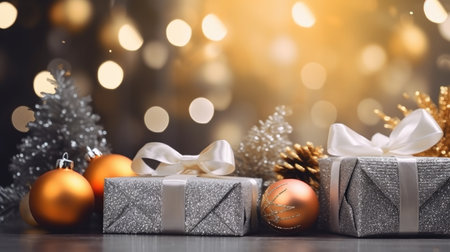 Christmas decorative items gift box star bow bell Christmas tree ornaments Holiday Decorations space text Happy New Yearの素材
