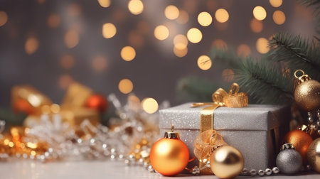 Christmas decorative items gift box star bow bell Christmas tree ornaments Holiday Decorations space text Happy New Yearの素材