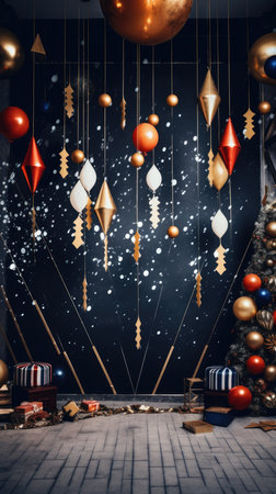 Christmas themed photo zone gold decorations shape trees style linear patterns shapes Christmas tree pyramidsの素材