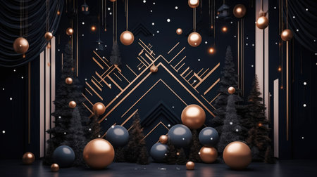 Christmas themed photo zone gold decorations shape trees style linear patterns shapes Christmas tree pyramidsの素材