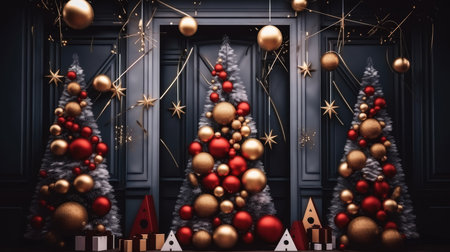 Christmas themed photo zone gold decorations shape trees style linear patterns shapes Christmas tree pyramidsの素材