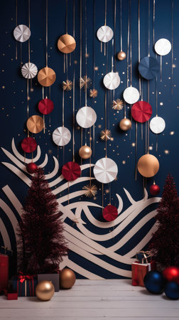 Christmas themed photo zone gold decorations shape trees style linear patterns shapes Christmas tree pyramidsの素材