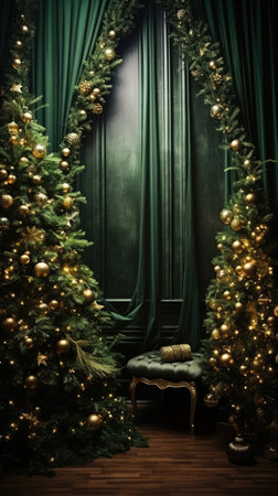 Backdrop studio photo christmas tree green background digital decorations garlands clipart cinematic light luxuryの素材