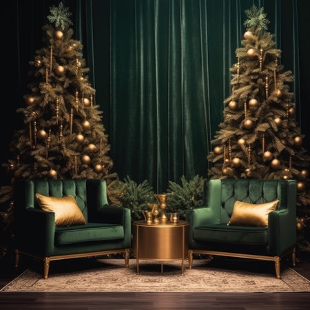 Backdrop studio photo christmas tree green background digital decorations garlands clipart cinematic light luxuryの素材