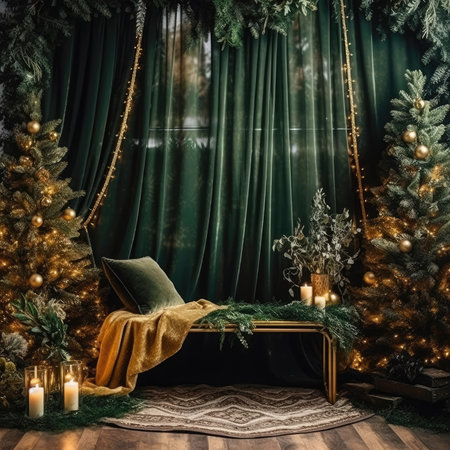 Backdrop studio photo christmas tree green background digital decorations garlands clipart cinematic light luxuryの素材