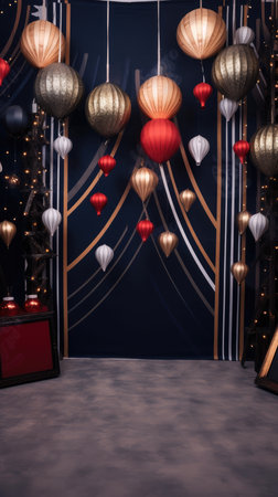Christmas themed photo zone gold decorations shape trees style linear patterns shapes Christmas tree pyramidsの素材