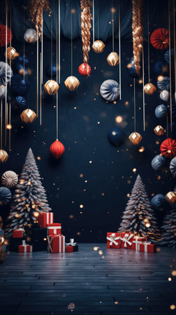 Christmas themed photo zone gold decorations shape trees style linear patterns shapes Christmas tree pyramidsの素材