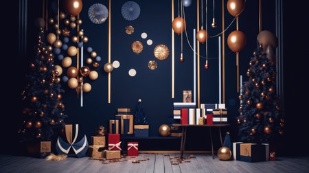 Christmas themed photo zone gold decorations shape trees style linear patterns shapes Christmas tree pyramidsの素材