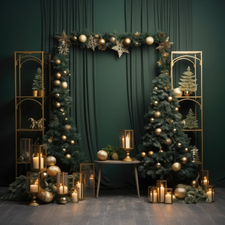 Backdrop studio photo christmas tree green background digital decorations garlands clipart cinematic light luxuryの素材