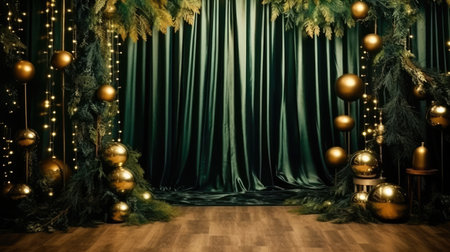 Backdrop studio photo christmas tree green background digital decorations garlands clipart cinematic light luxuryの素材