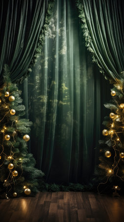 Backdrop studio photo christmas tree green background digital decorations garlands clipart cinematic light luxuryの素材