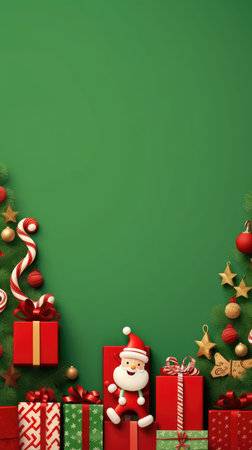 Christmas banner blank space text santa claus celebrate giftboxes green background clipart Christmas ornamentの素材