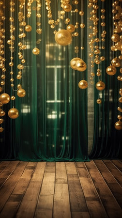 Backdrop studio photo christmas tree green background digital decorations garlands clipart cinematic light luxuryの素材