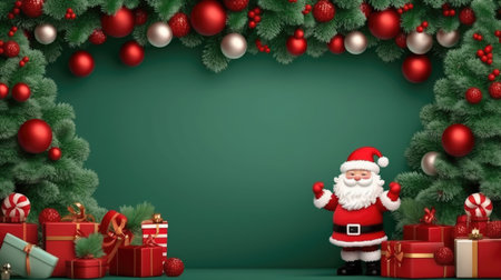 Christmas banner blank space text santa claus celebrate giftboxes green background clipart Christmas ornamentの素材