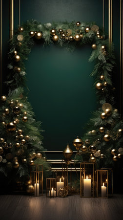 Backdrop studio photo christmas tree green background digital decorations garlands clipart cinematic light luxuryの素材