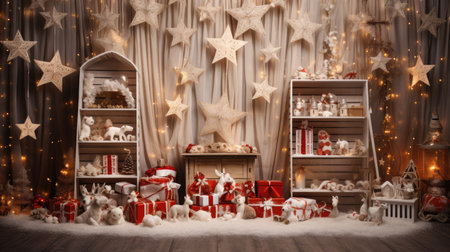 Beautiful photo zone with professional equipment and decorated Christmas tree fabulous feelingの素材