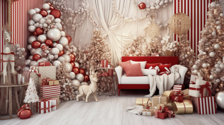 Beautiful photo zone with professional equipment and decorated Christmas tree fabulous feelingの素材