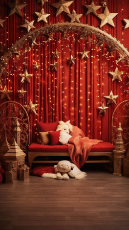 Beautiful photo zone with professional equipment and decorated Christmas tree fabulous feelingの素材