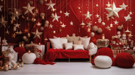 Beautiful photo zone with professional equipment and decorated Christmas tree fabulous feelingの素材
