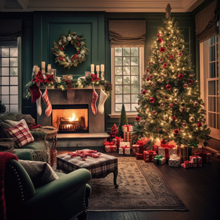 New Year's picture of happy family on background of Christmas decorations decoration xmas holidayの素材