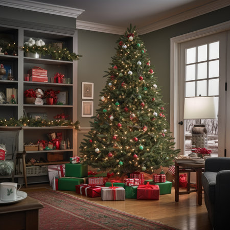 New Year's picture of happy family on background of Christmas decorations decoration xmas holidayの素材