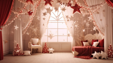 Beautiful photo zone with professional equipment and decorated Christmas tree fabulous feelingの素材