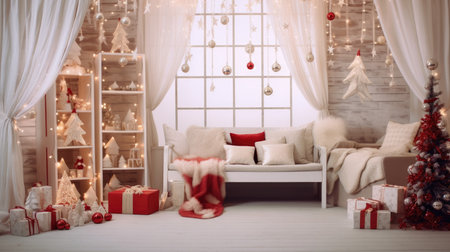 Beautiful photo zone with professional equipment and decorated Christmas tree fabulous feelingの素材